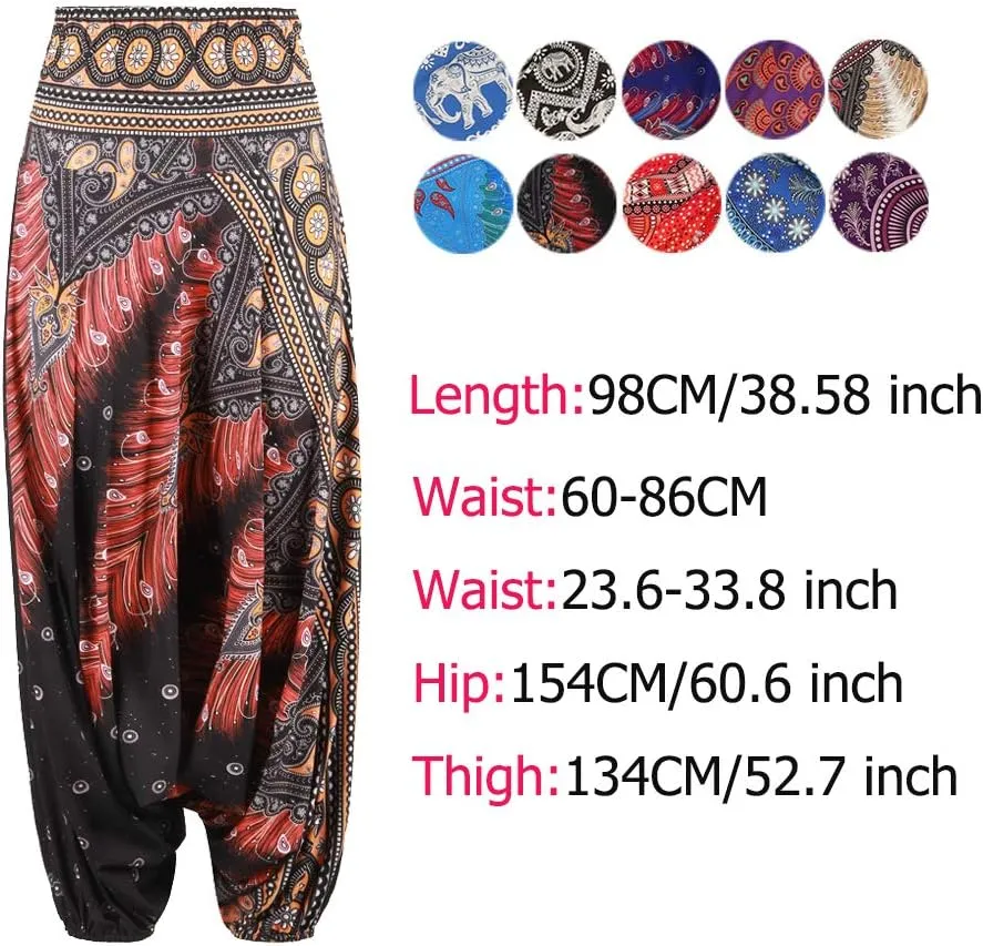 Xixiuly Women Drop Crotch Hippie Harem Pants Boho Pattern High Waist Baggy Yoga Trousers