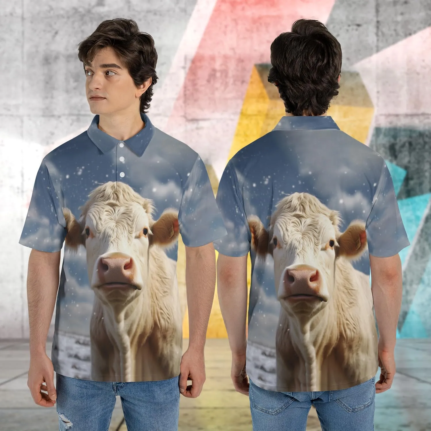 Xmas Cow Polo Shirts for Men - Galaxy Cat Mens Quick Dry Short Sleeve Polo Shirts Series 17