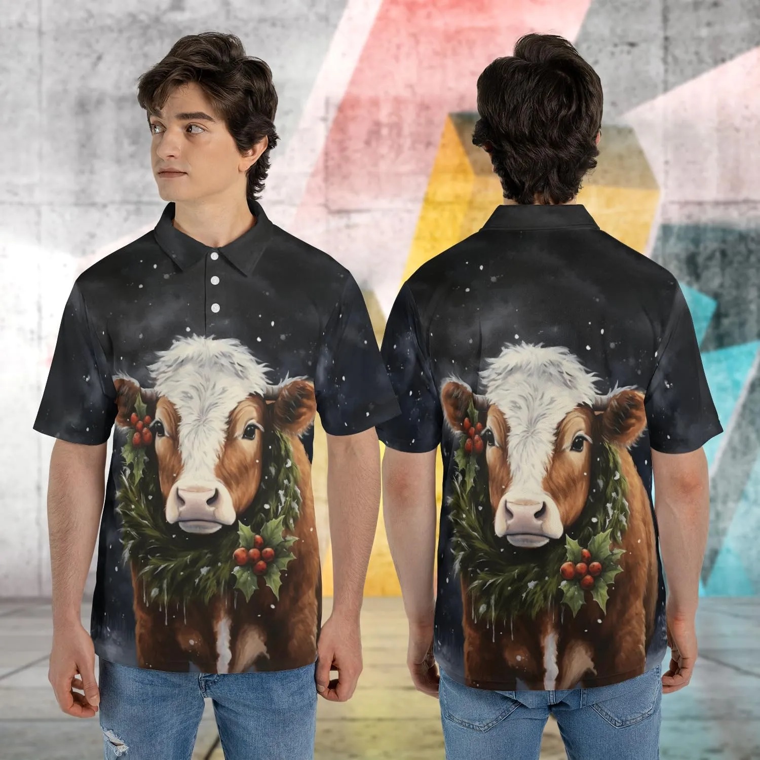 Xmas Cow Polo Shirts for Men - Galaxy Cat Mens Quick Dry Short Sleeve Polo Shirts Series 29