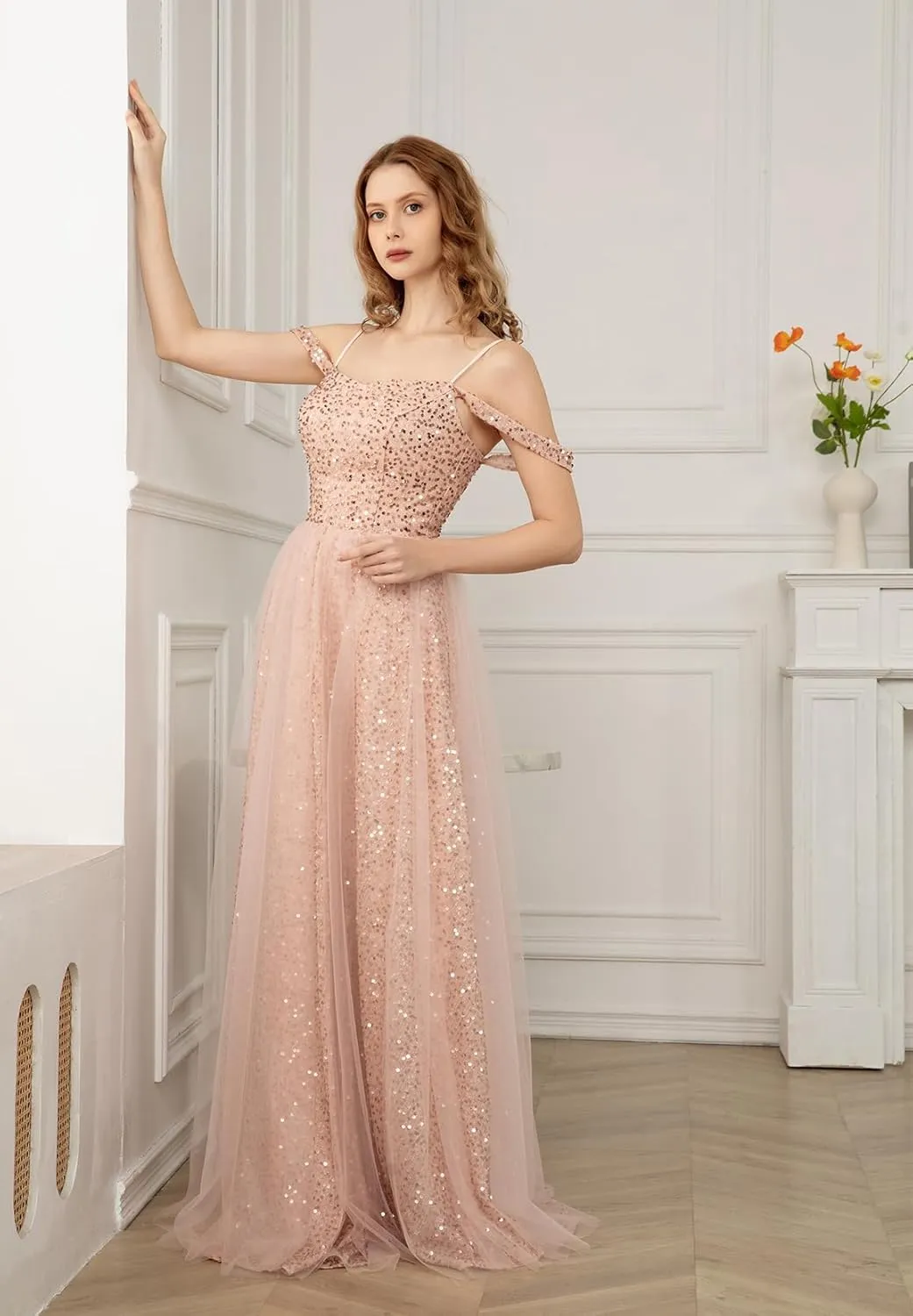Yexinbridal Off Shoulder Sequin Prom Dresses Long Glitter Tulle Wedding Party Dress Formal Ball Gown for Women