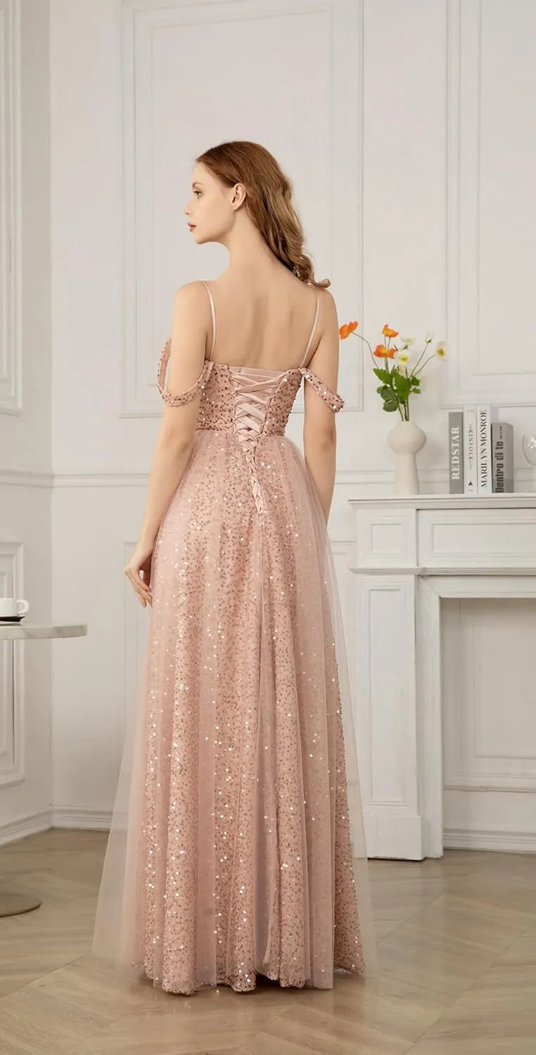 Yexinbridal Off Shoulder Sequin Prom Dresses Long Glitter Tulle Wedding Party Dress Formal Ball Gown for Women