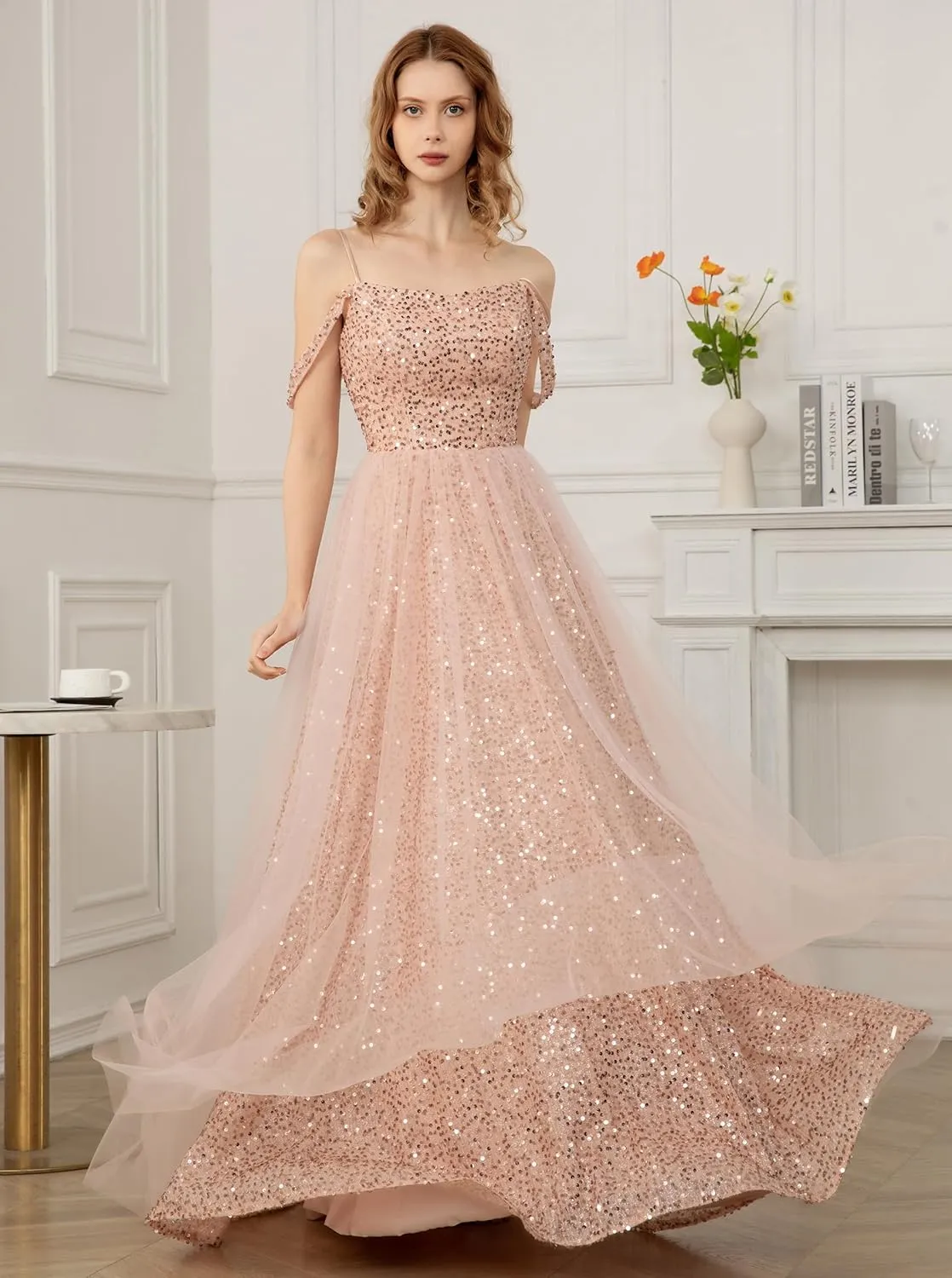 Yexinbridal Off Shoulder Sequin Prom Dresses Long Glitter Tulle Wedding Party Dress Formal Ball Gown for Women