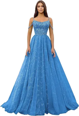 Yexinbridal Off Shoulder Sequin Prom Dresses Long Glitter Tulle Wedding Party Dress Formal Ball Gown for Women
