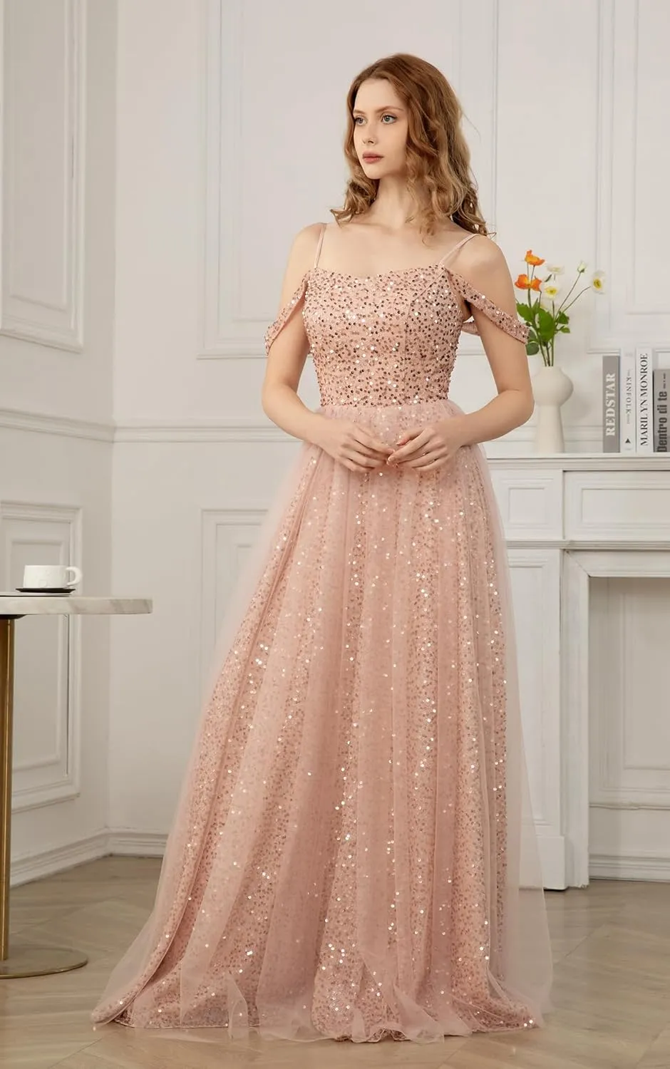 Yexinbridal Off Shoulder Sequin Prom Dresses Long Glitter Tulle Wedding Party Dress Formal Ball Gown for Women
