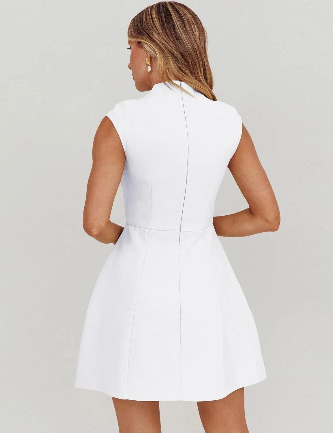 YMDUCH Women's Summer Cap Sleeve Mock Neck Slim Fit A-line Mini Party Dress