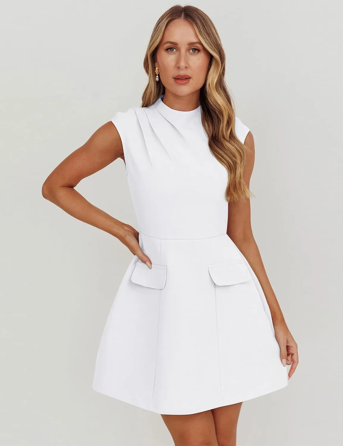 YMDUCH Women's Summer Cap Sleeve Mock Neck Slim Fit A-line Mini Party Dress