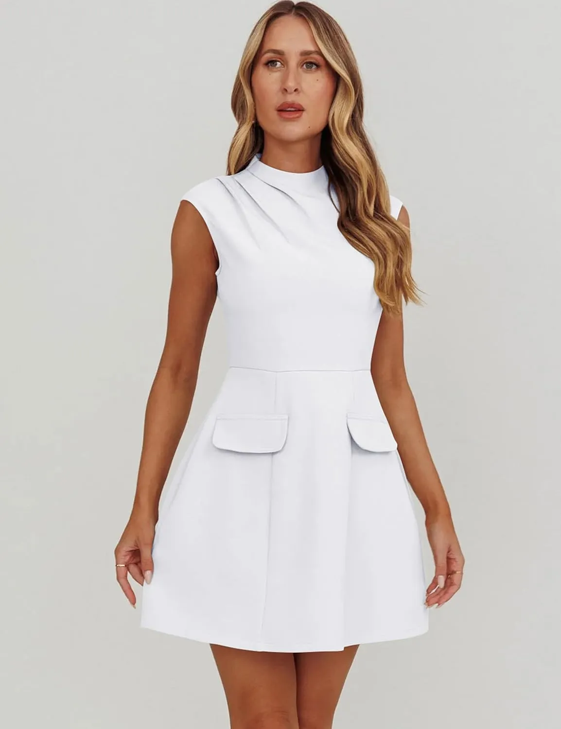 YMDUCH Women's Summer Cap Sleeve Mock Neck Slim Fit A-line Mini Party Dress
