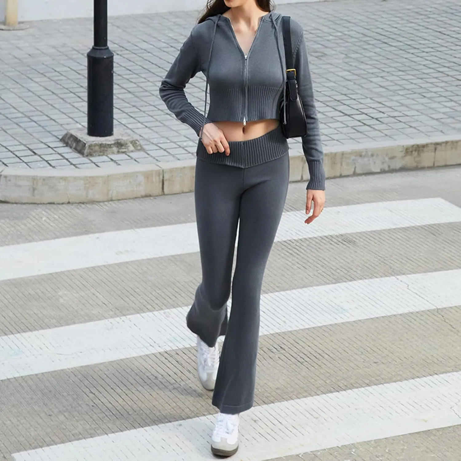 Yoawdats Women Ribbed Knit 2 Piece Outfits Y2K Long Sleeve Zip Up Slim Fit Cropped Hoodie and Bootcut Pants Set Loungewear