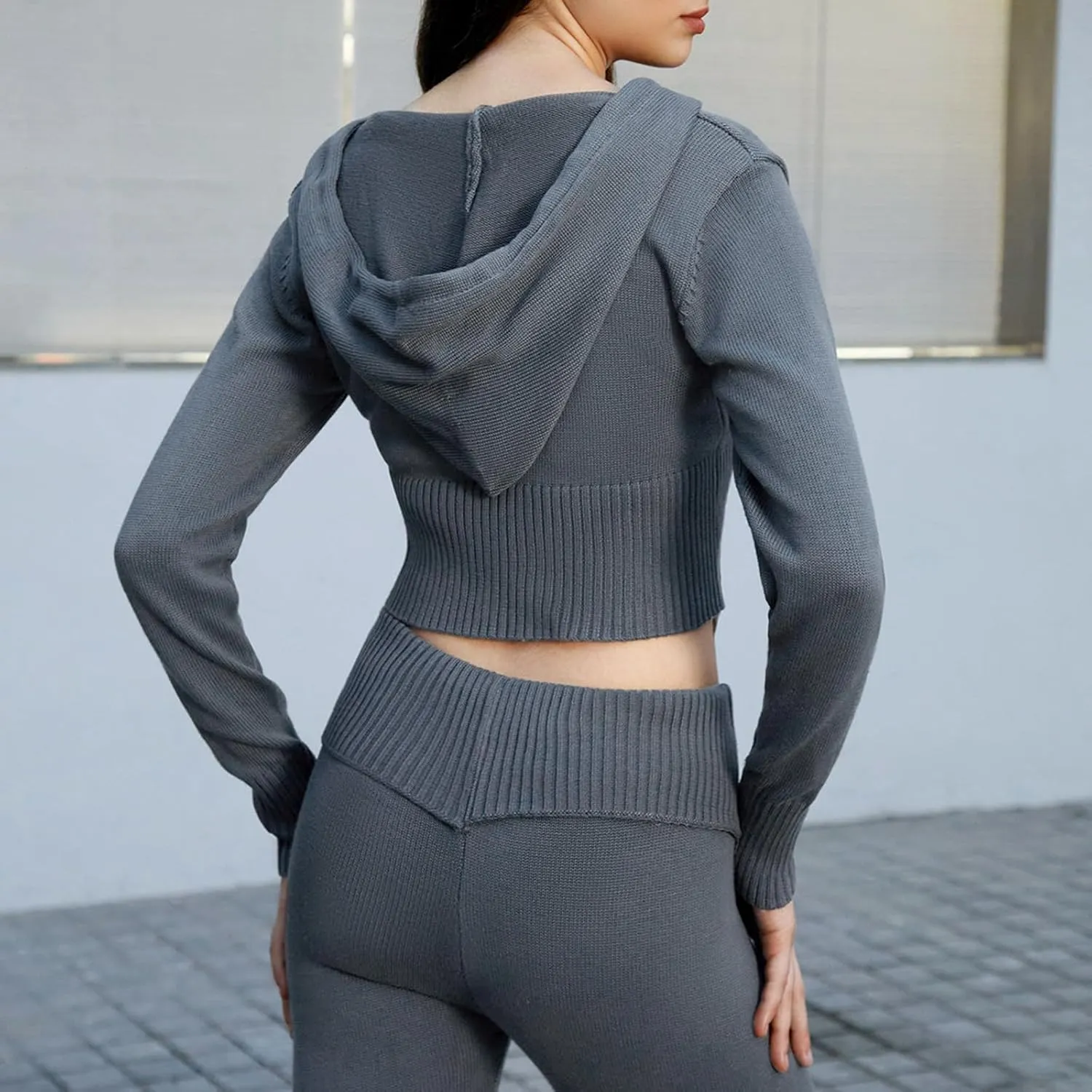 Yoawdats Women Ribbed Knit 2 Piece Outfits Y2K Long Sleeve Zip Up Slim Fit Cropped Hoodie and Bootcut Pants Set Loungewear