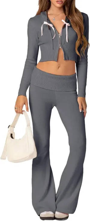 Yoawdats Women Ribbed Knit 2 Piece Outfits Y2K Long Sleeve Zip Up Slim Fit Cropped Hoodie and Bootcut Pants Set Loungewear