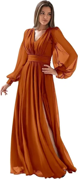 YOFF Women's Long Sleeve Bridesmaid Dresses V Neck Pleated Chiffon Formal Evening Gown with Slit YO036