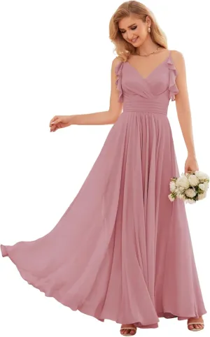 YUAOHUANG Women Chiffon Bridesmaid Dress Flowy Spaghetti Straps V Neck Corset Ruched Ruffle Sleeves Wedding Guest Dresses
