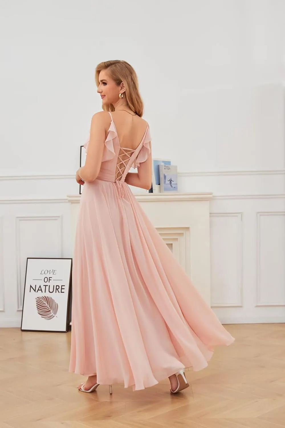 YUAOHUANG Women Chiffon Bridesmaid Dress Flowy Spaghetti Straps V Neck Corset Ruched Ruffle Sleeves Wedding Guest Dresses