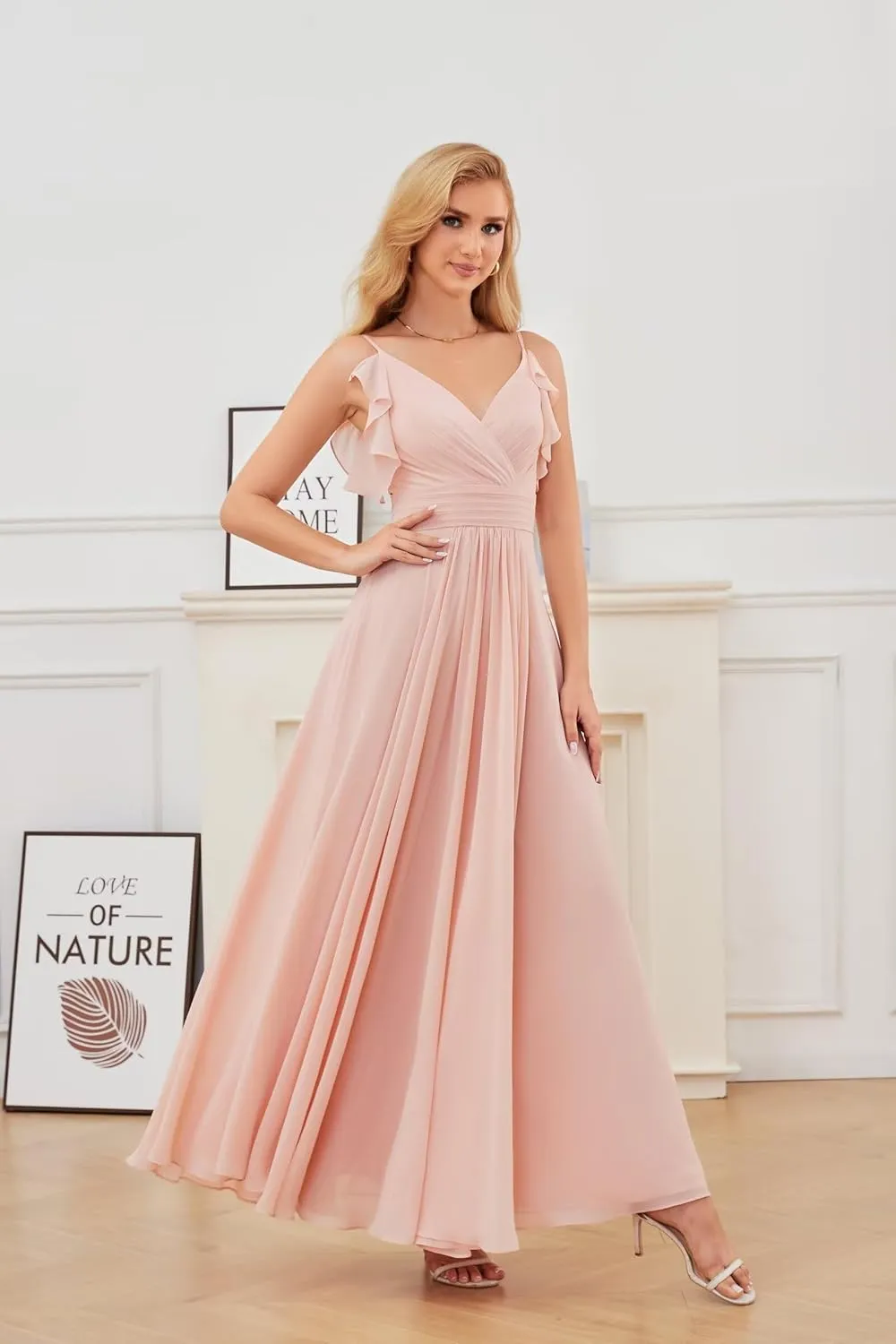 YUAOHUANG Women Chiffon Bridesmaid Dress Flowy Spaghetti Straps V Neck Corset Ruched Ruffle Sleeves Wedding Guest Dresses
