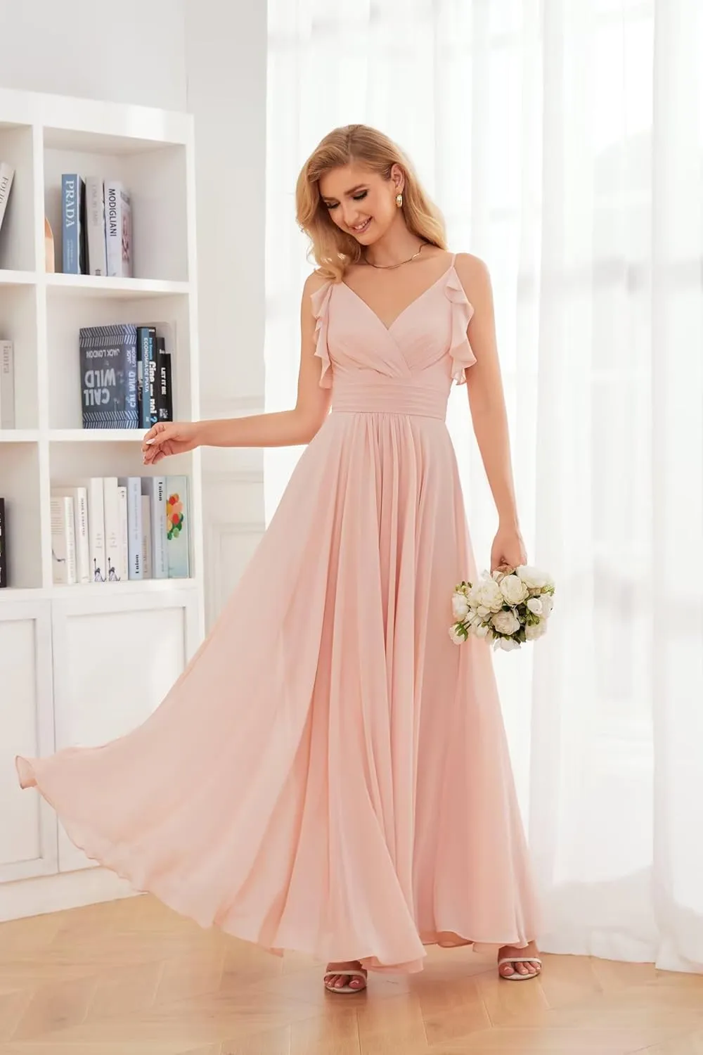 YUAOHUANG Women Chiffon Bridesmaid Dress Flowy Spaghetti Straps V Neck Corset Ruched Ruffle Sleeves Wedding Guest Dresses