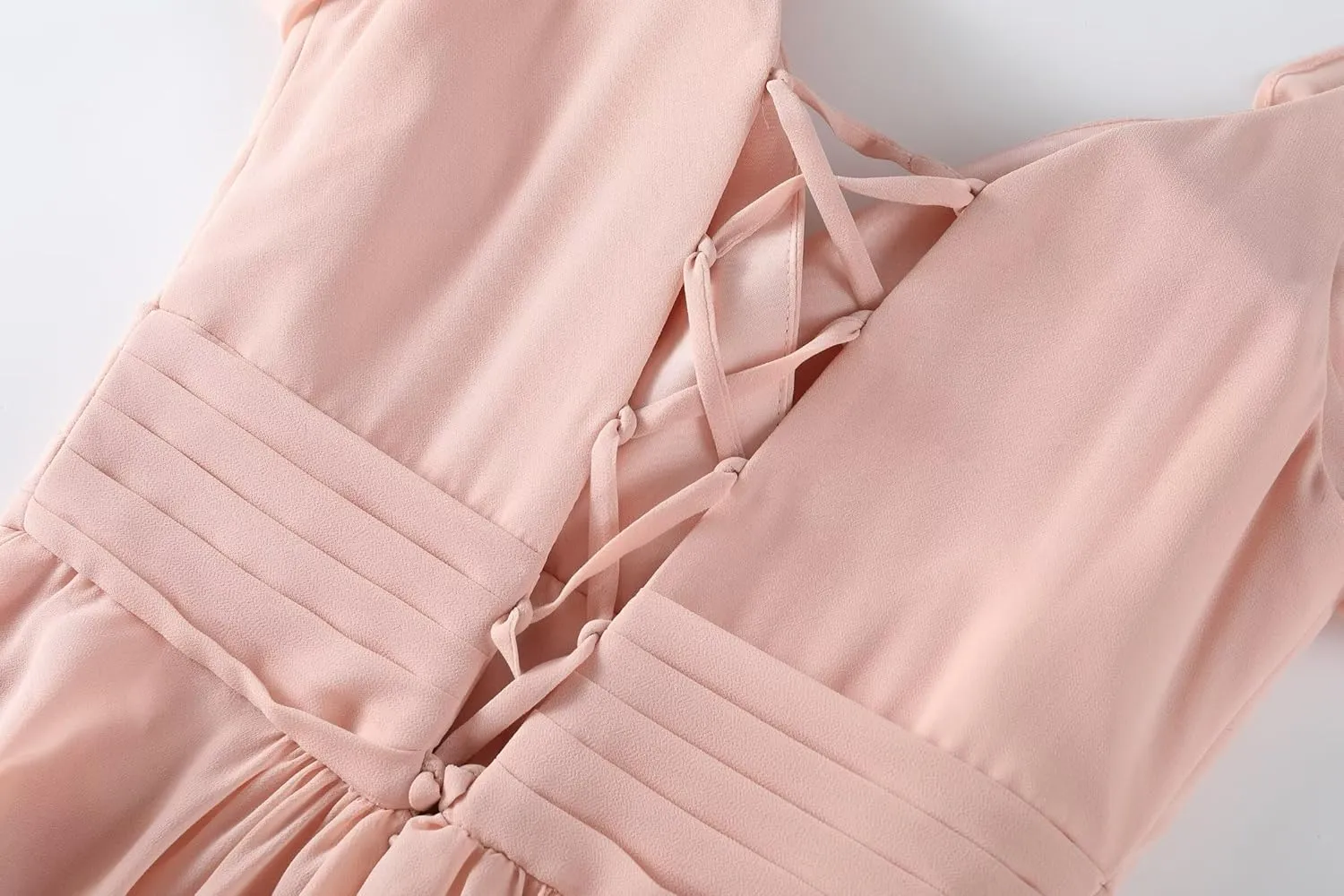 YUAOHUANG Women Chiffon Bridesmaid Dress Flowy Spaghetti Straps V Neck Corset Ruched Ruffle Sleeves Wedding Guest Dresses
