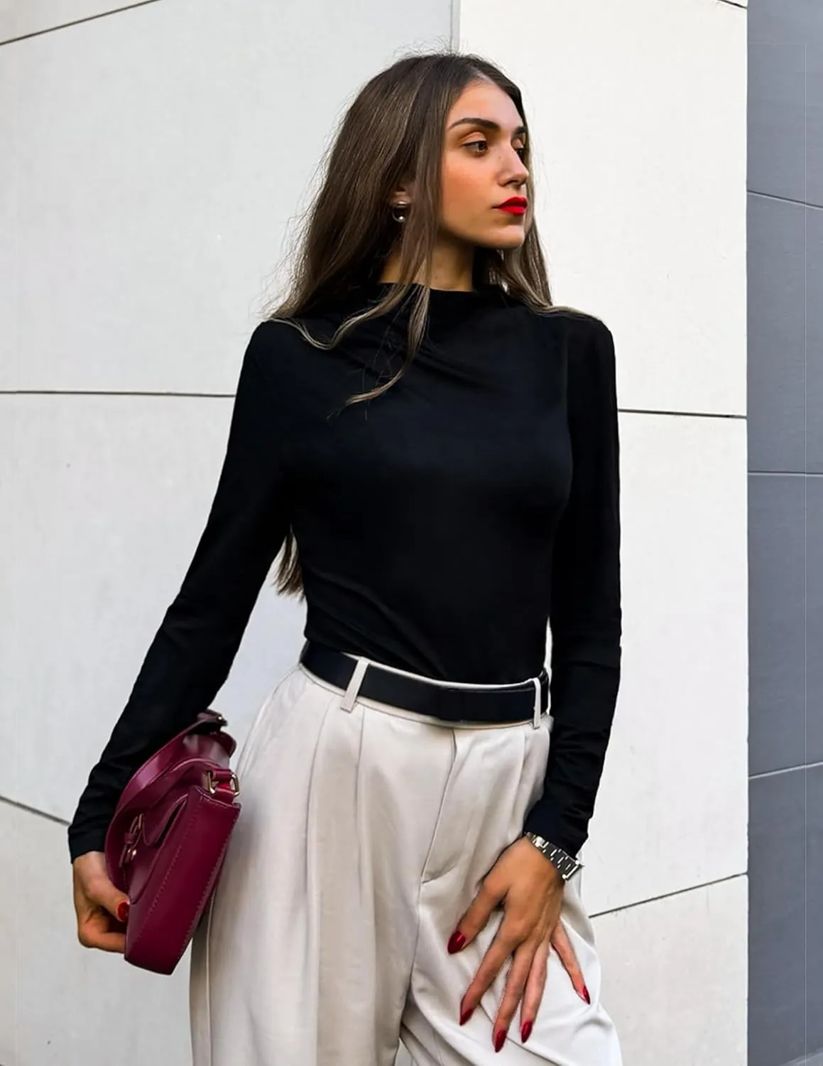 ZESICA Women's Long Sleeve Tops Mock Neck Ruched Tight Shirts Spring Trendy Outfits
