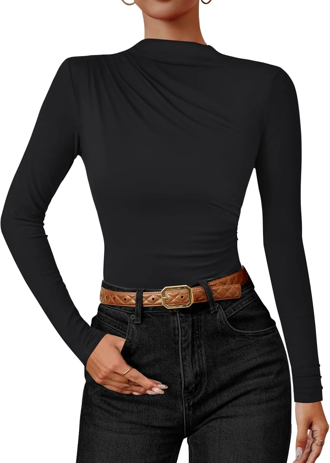 ZESICA Women's Long Sleeve Tops Mock Neck Ruched Tight Shirts Spring Trendy Outfits