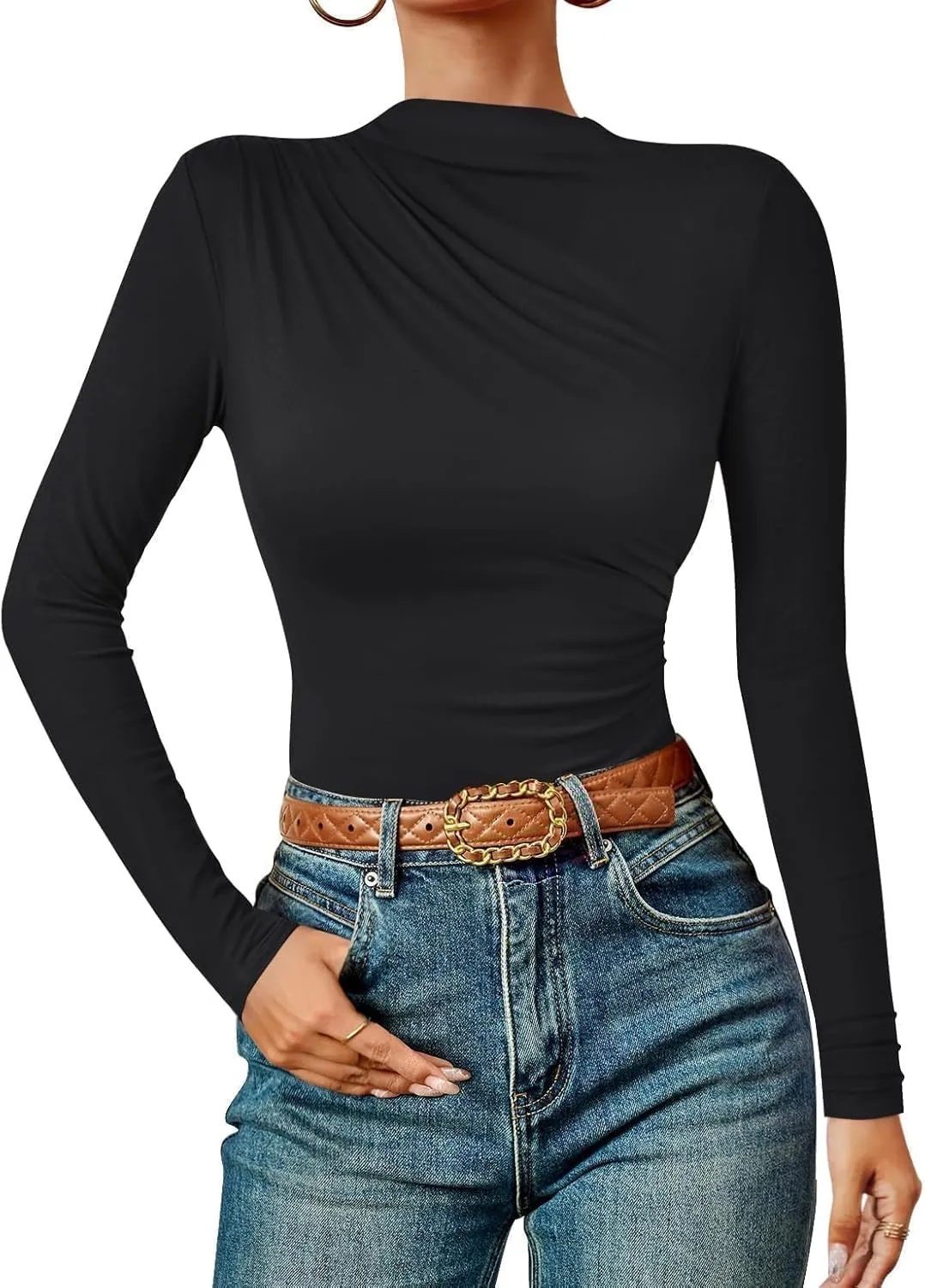 ZESICA Women's Long Sleeve Tops Mock Neck Ruched Tight Shirts Spring Trendy Outfits