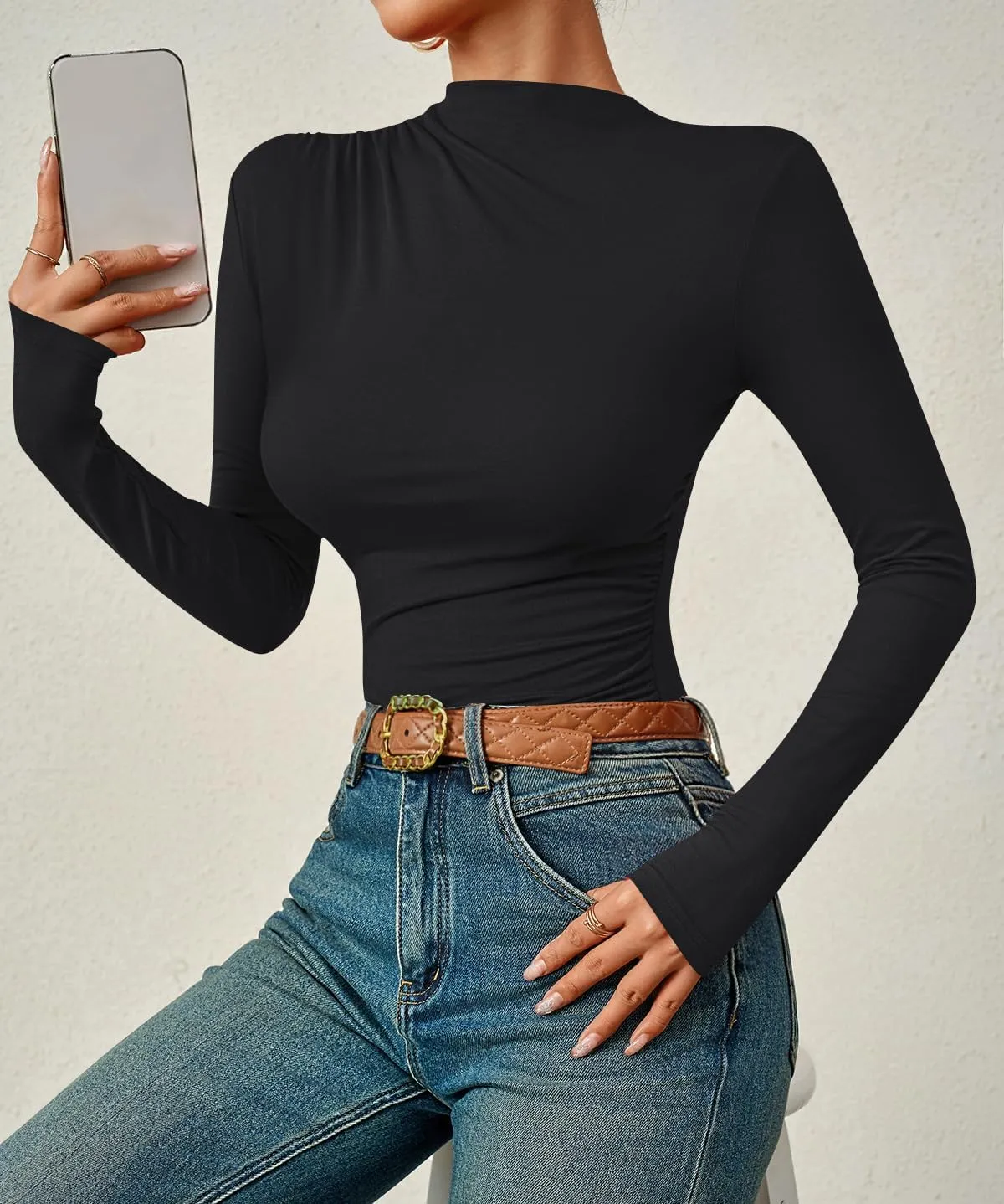 ZESICA Women's Long Sleeve Tops Mock Neck Ruched Tight Shirts Spring Trendy Outfits