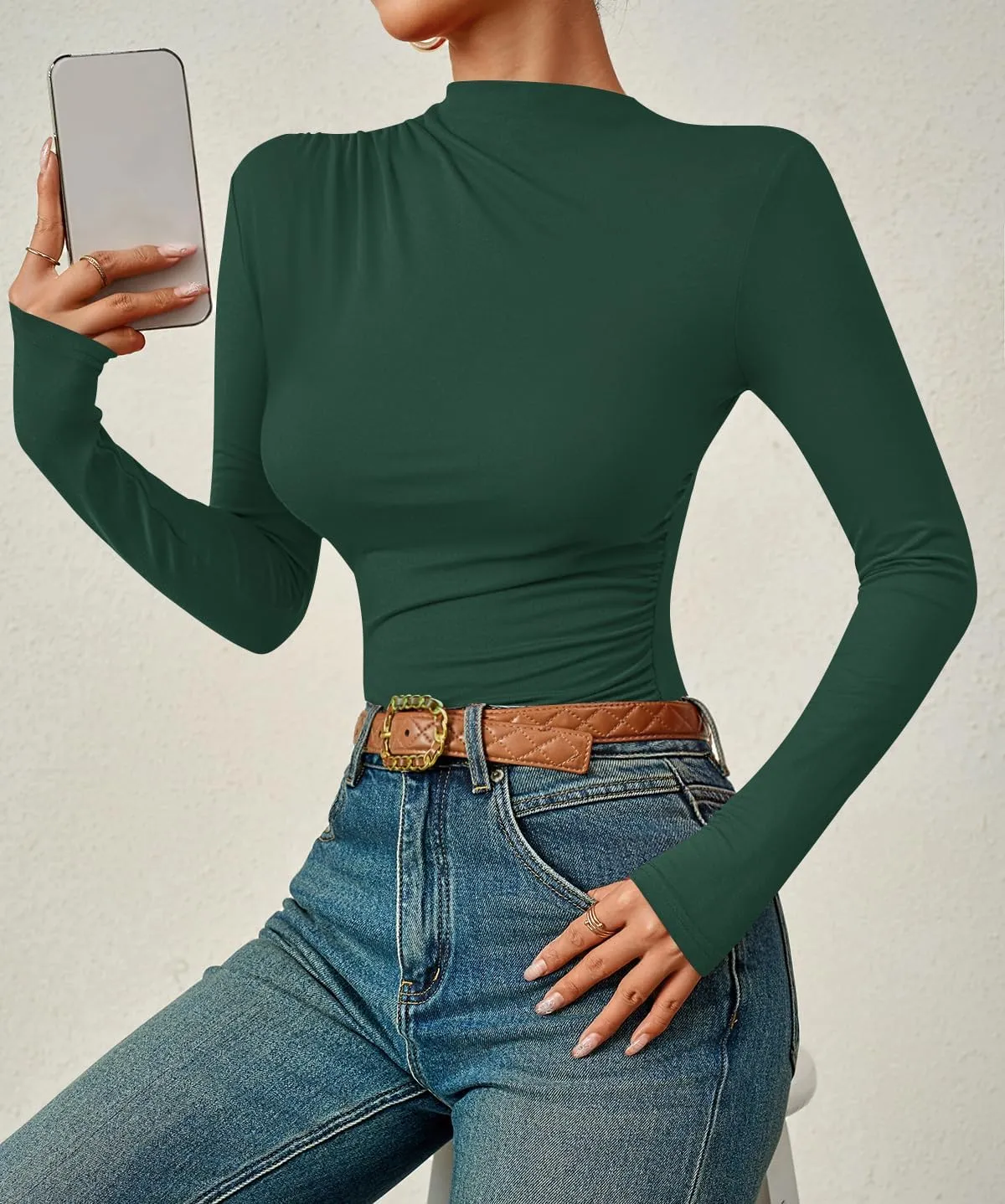 ZESICA Women's Long Sleeve Tops Mock Neck Ruched Tight Shirts Spring Trendy Outfits