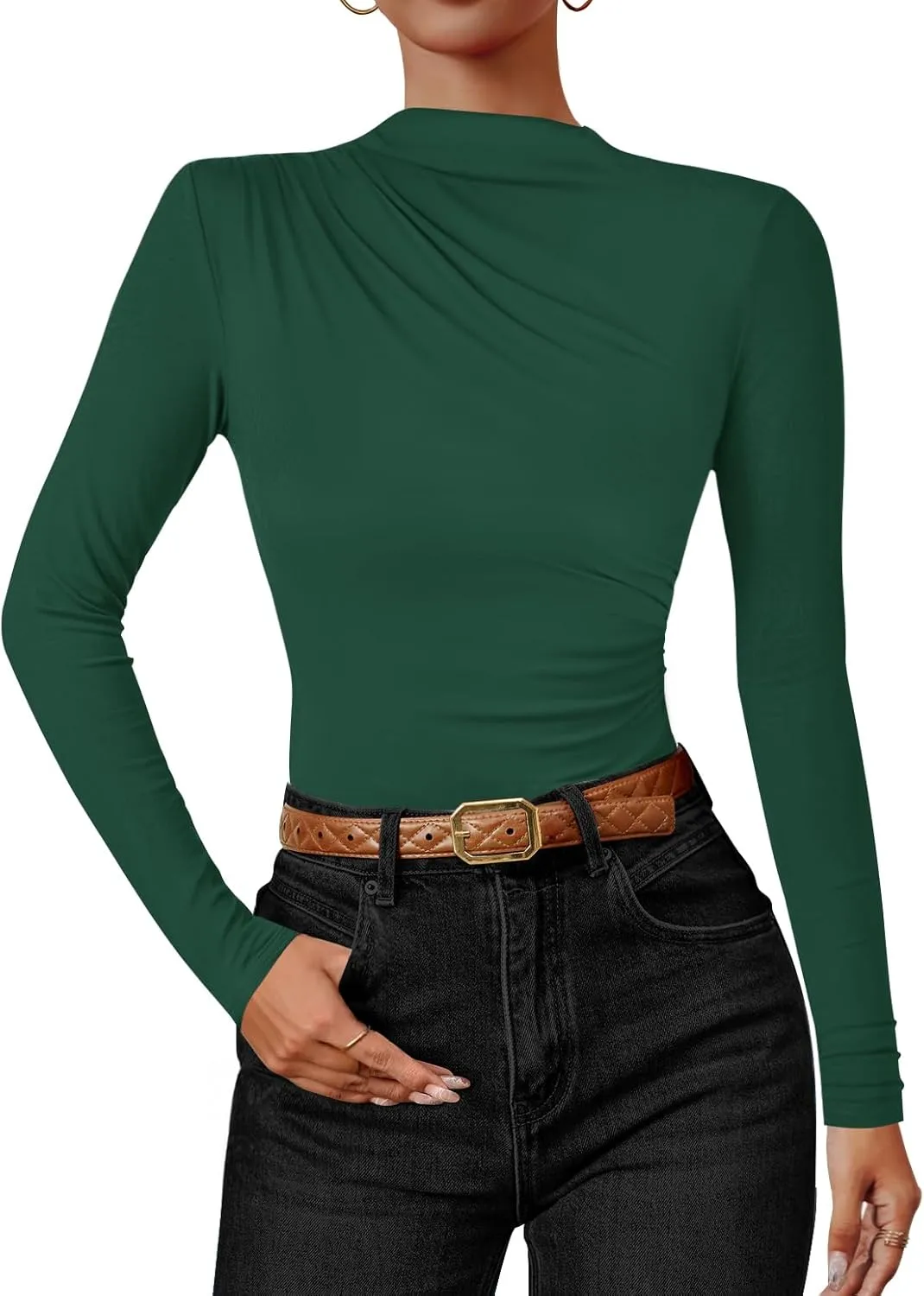 ZESICA Women's Long Sleeve Tops Mock Neck Ruched Tight Shirts Spring Trendy Outfits