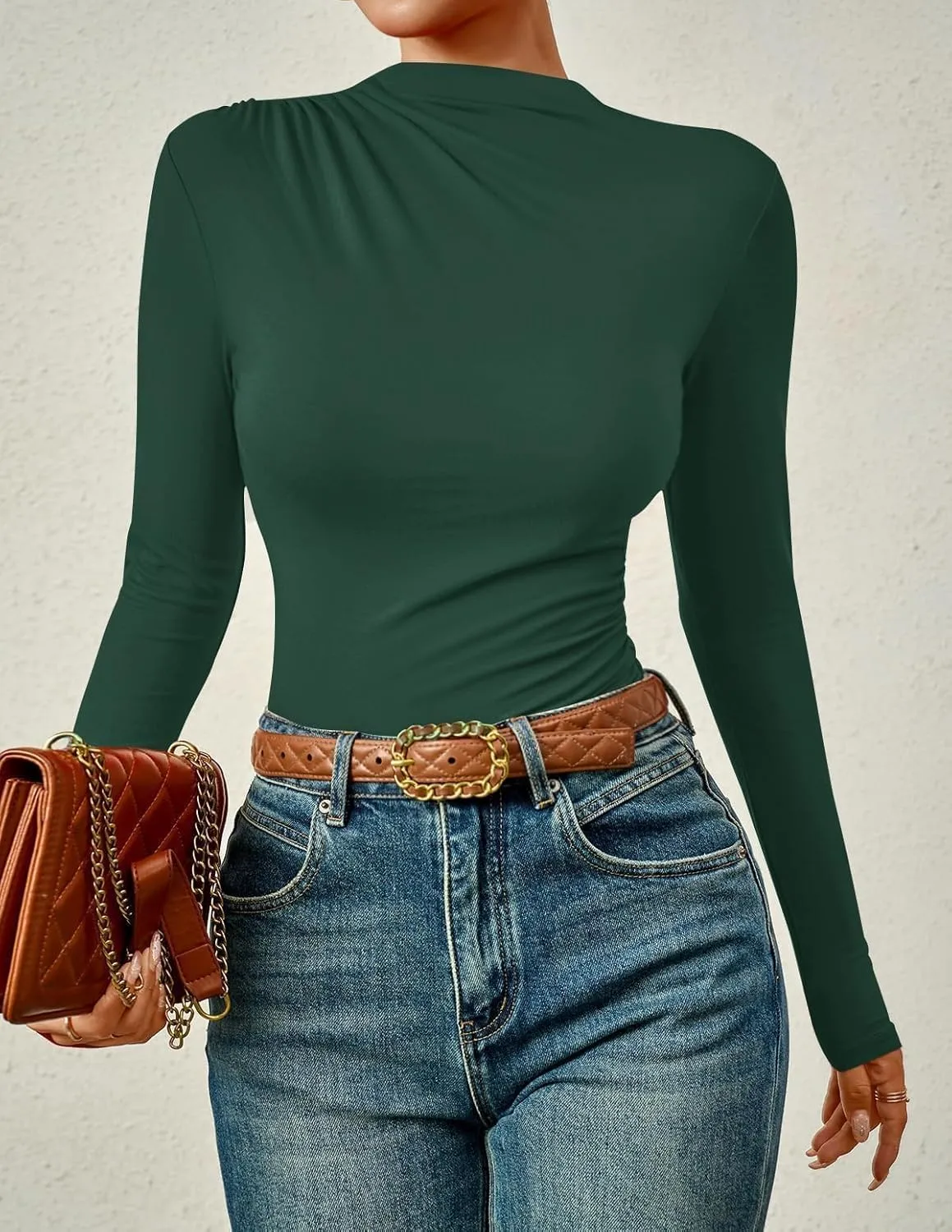 ZESICA Women's Long Sleeve Tops Mock Neck Ruched Tight Shirts Spring Trendy Outfits