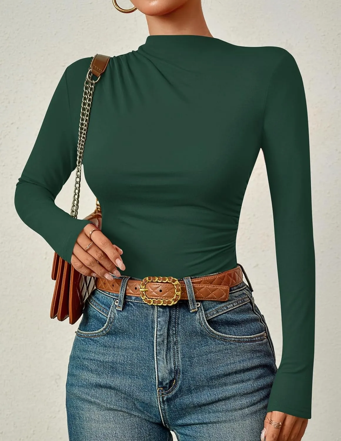 ZESICA Women's Long Sleeve Tops Mock Neck Ruched Tight Shirts Spring Trendy Outfits