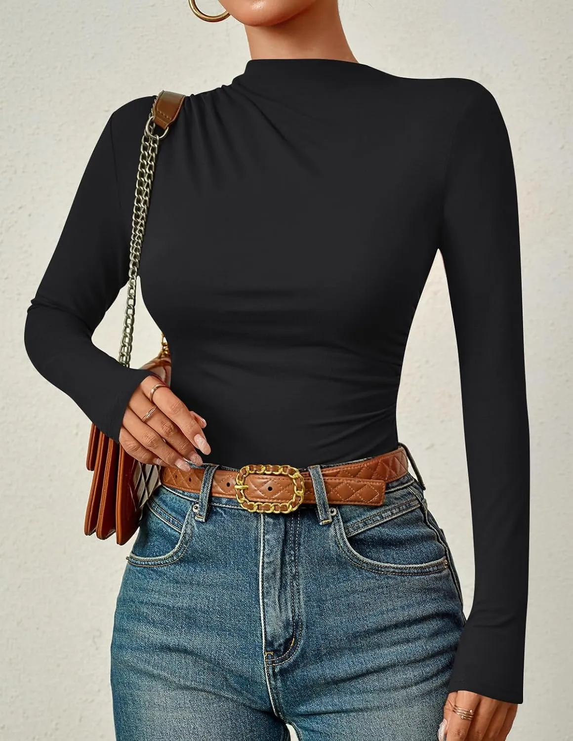 ZESICA Women's Long Sleeve Tops Mock Neck Ruched Tight Shirts Spring Trendy Outfits