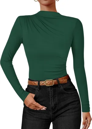 ZESICA Women's Long Sleeve Tops Mock Neck Ruched Tight Shirts Spring Trendy Outfits